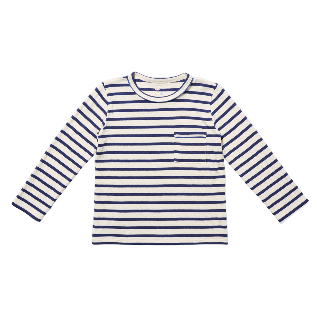 Navy and white striped long-sleeve shirt on a white background