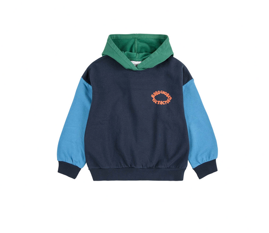 Navy and blue hoodie with green hood on a white background
