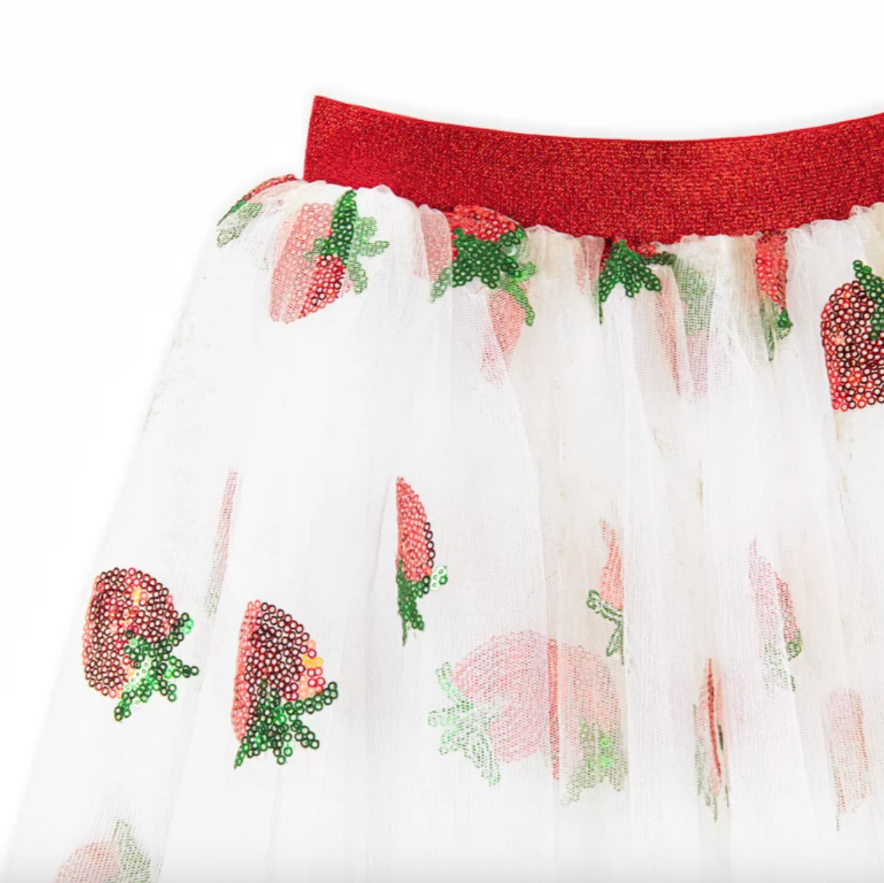 Skirt with strawberry pattern and red waistband on a white background