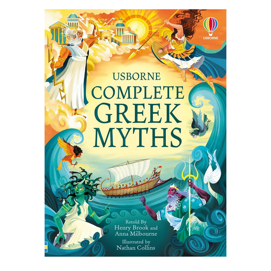 Book cover of 'Complete Greek Myths' by Usborne with illustrations of Greek gods and scenes.