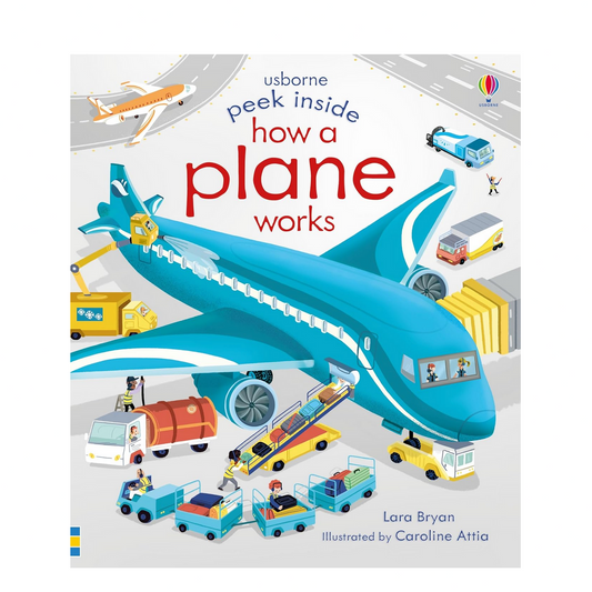 Book cover of 'How a Plane Works' by Usborne with illustrations of an airplane and related vehicles.