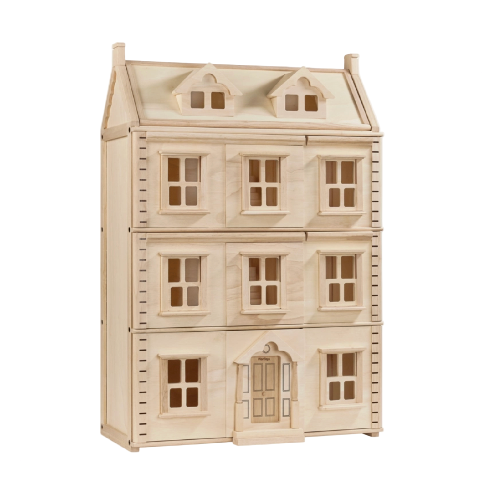 Wooden dollhouse with multiple windows on a white background