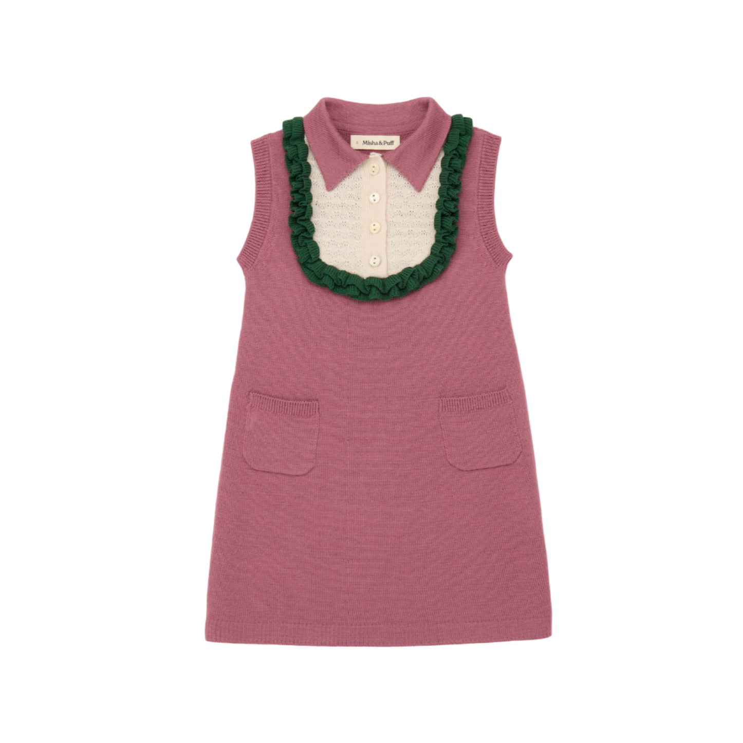 Pink dress with green trim on a white background