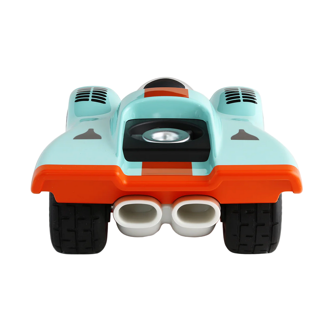 Toy car with a light blue body, orange roof, and black wheels on a white background