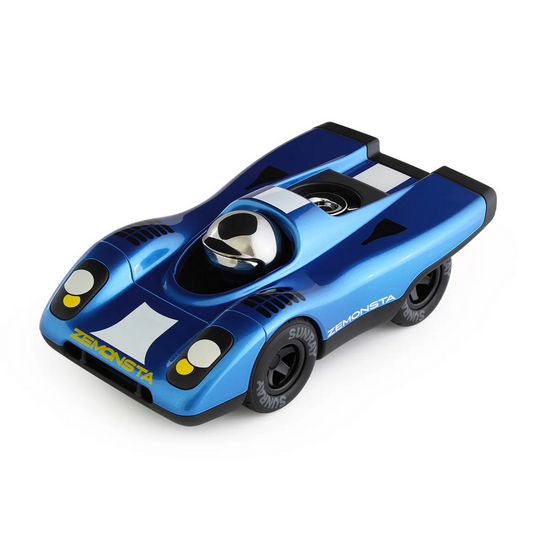 Blue toy race car on a white background