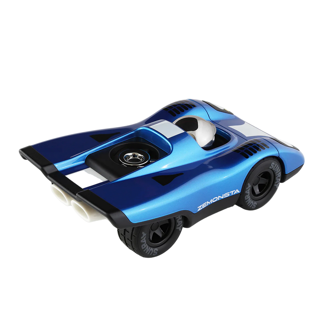 Blue and black toy car on a white background