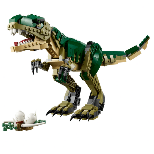 Toy dinosaur made of building blocks on a white background