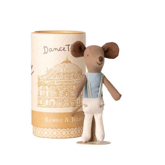 Stuffed toy mouse in a outfit next to a cylindrical packaging with 'Dance Theatre' and 'Romeo & Juliet' text.