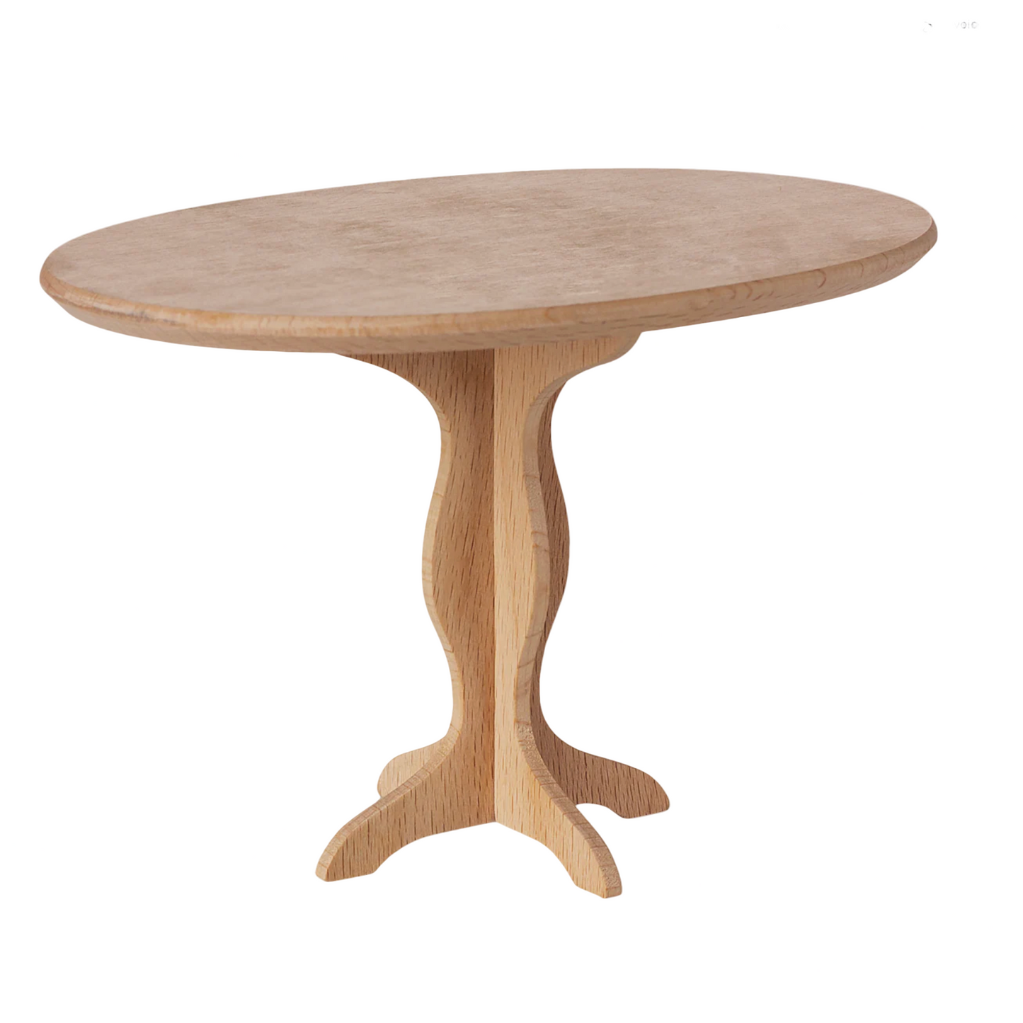 Wooden dining table with a single pedestal leg on a white background