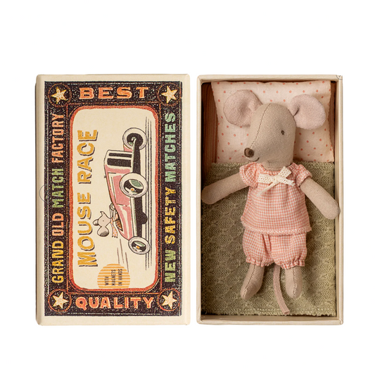 Stuffed mouse toy in a matchbox with a vintage-style label