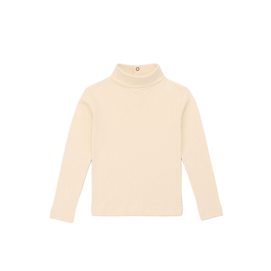 Cream-colored turtleneck sweater on a light gray background