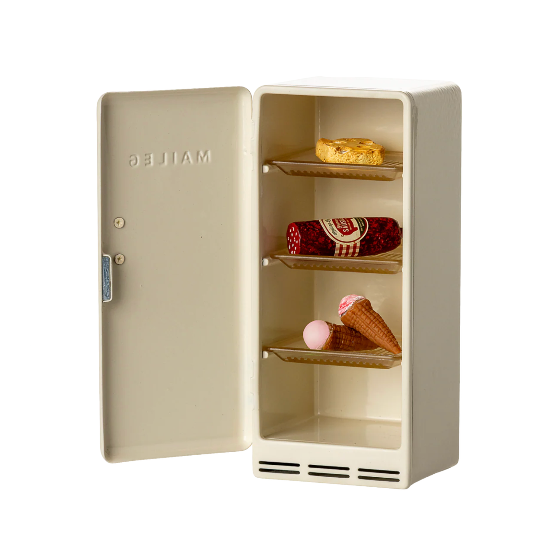 Small beige refrigerator with ice cream and a cake on a computer screen