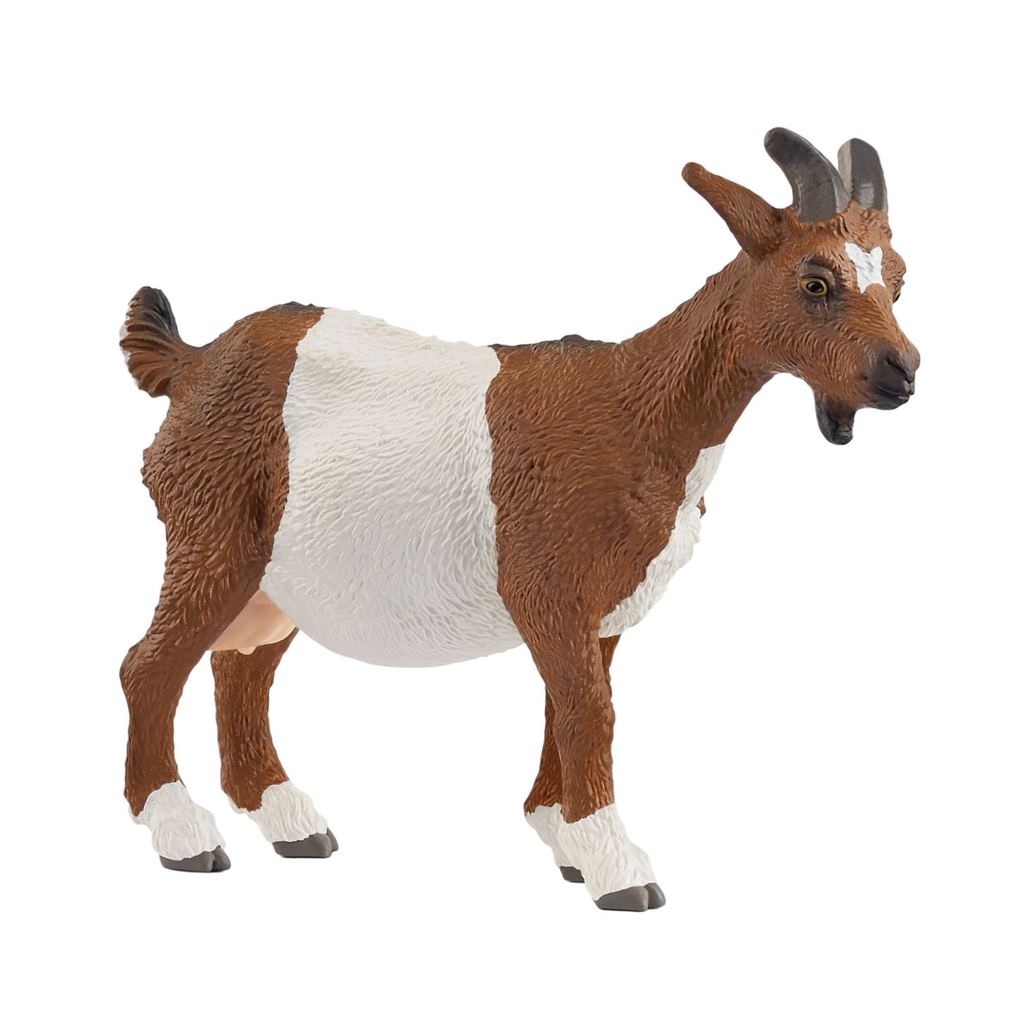 Toy goat figure with brown and white coloring on a white background