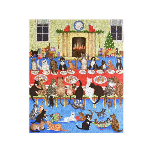 Cat-themed puzzle with various cats around a table, likely from Liberty Puzzles website.