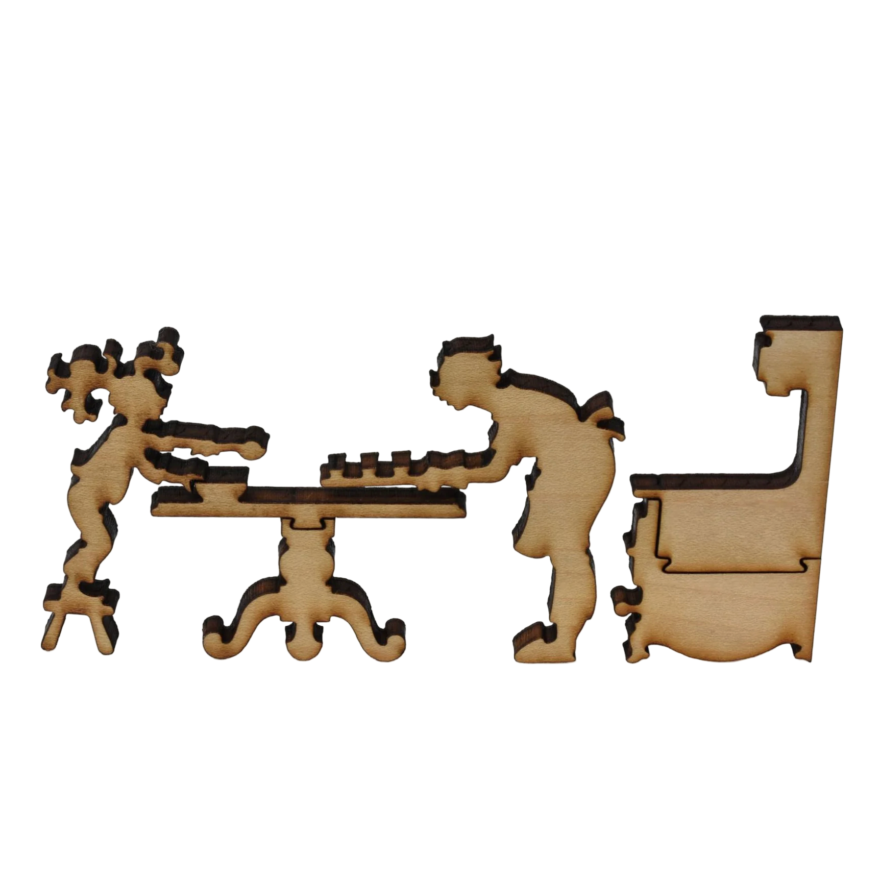 Wooden puzzle pieces of two people playing chess on a table.