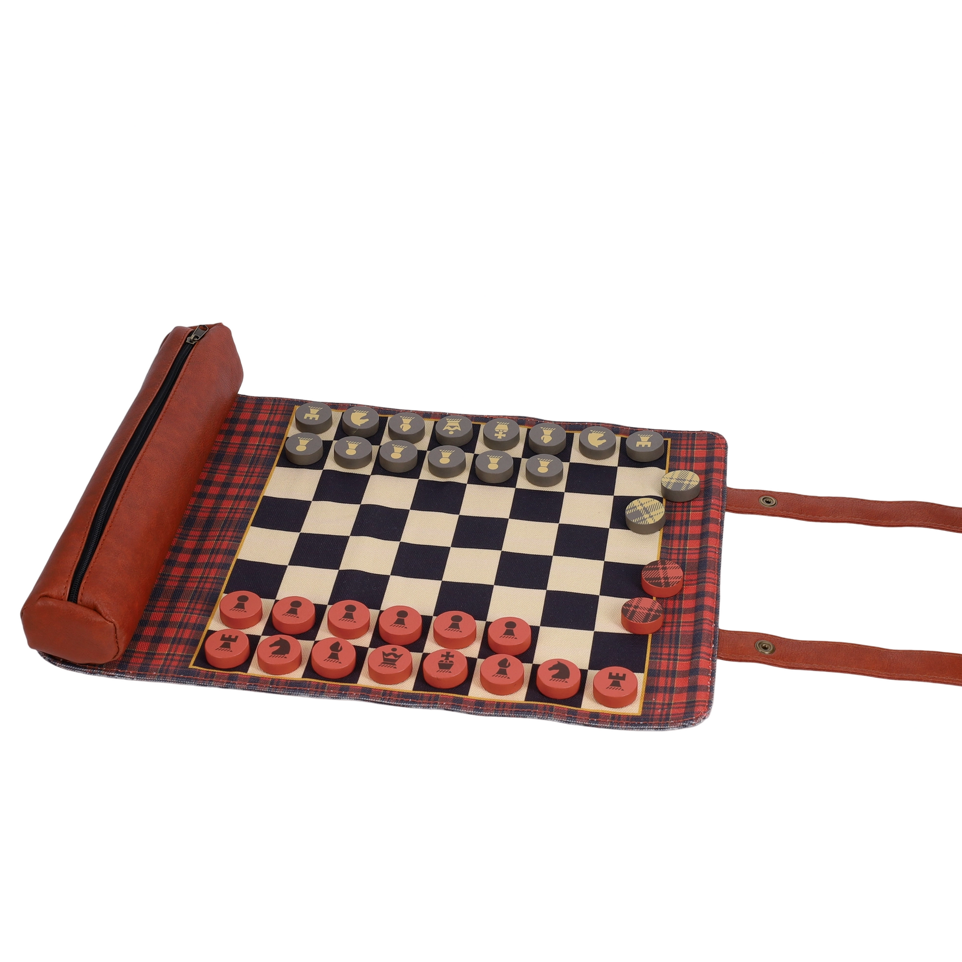 Roll-up checkers board with pieces on a computer screen