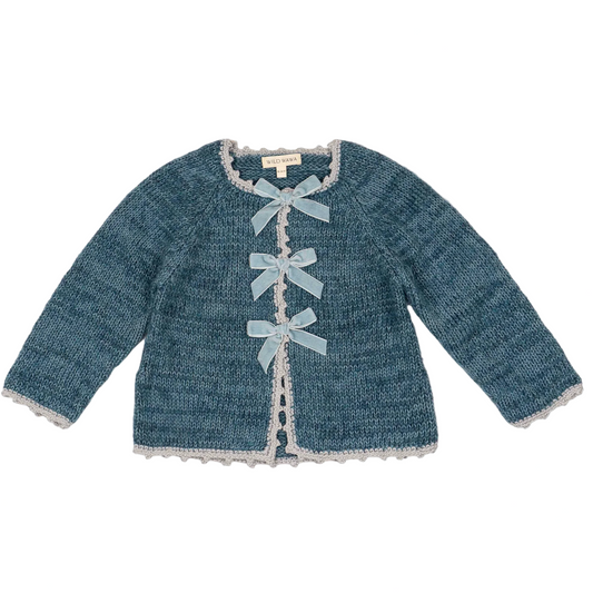 Blue knitted cardigan with bow details on a white background