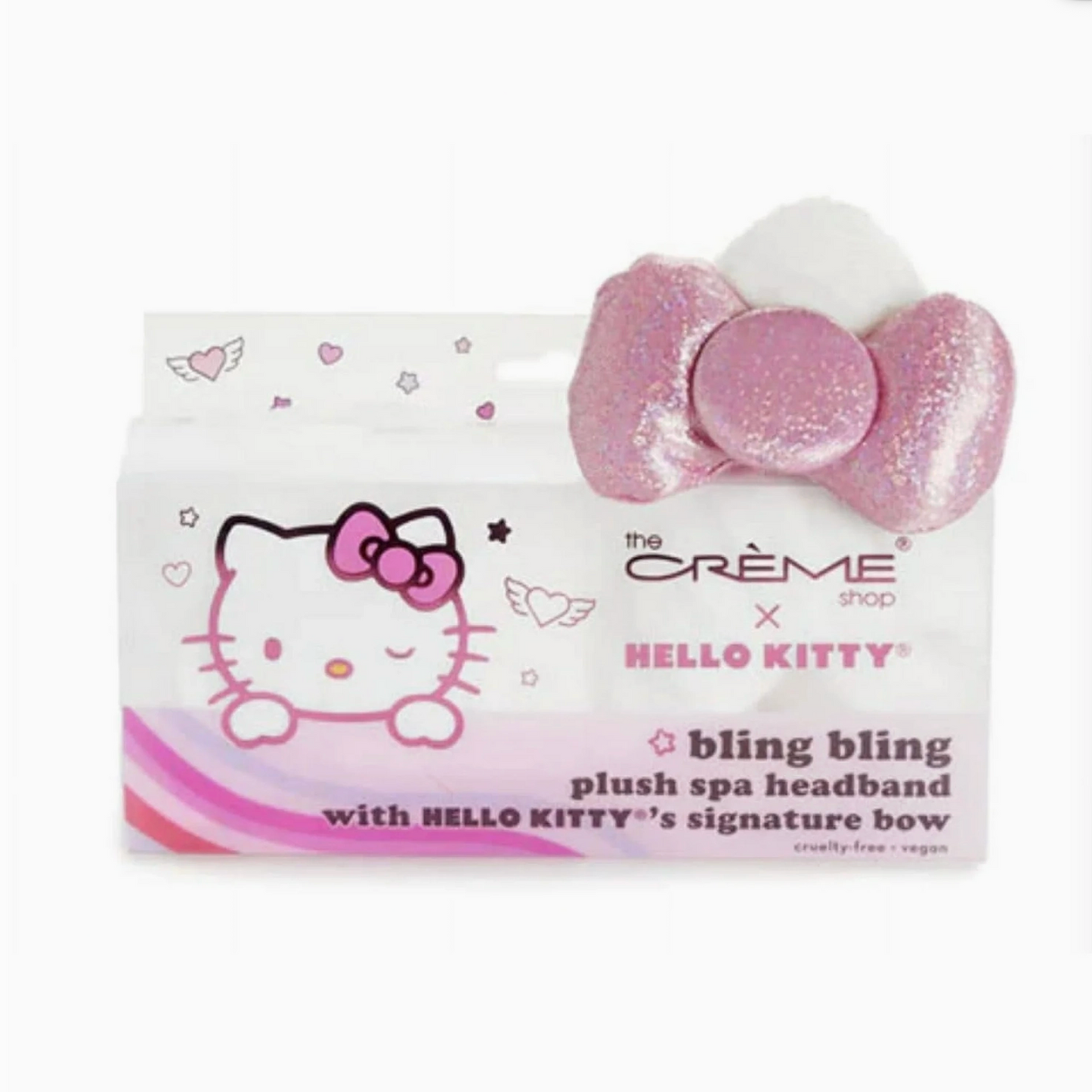 Hello Kitty plush spa headband packaging with pink bow on a white background
