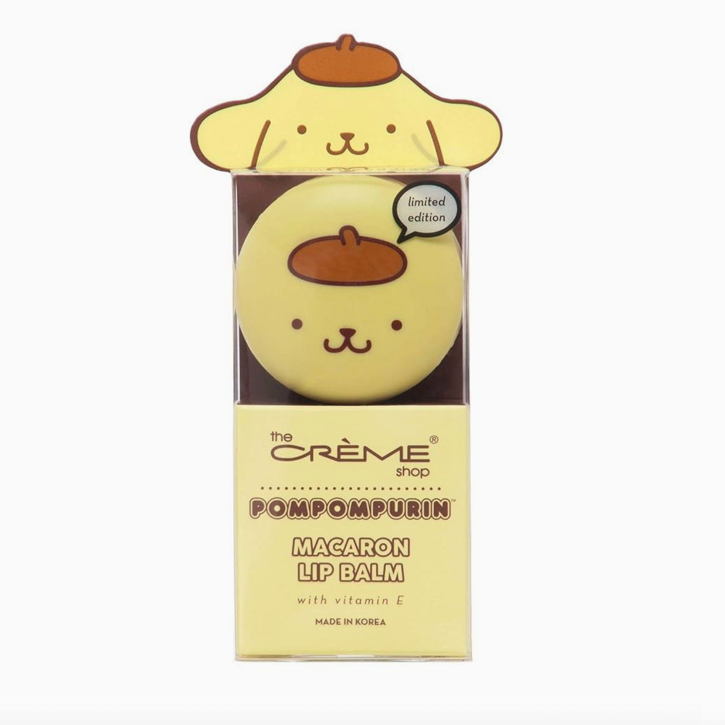 Pom pom purin macaron lip balm packaging with a dog design on a white background