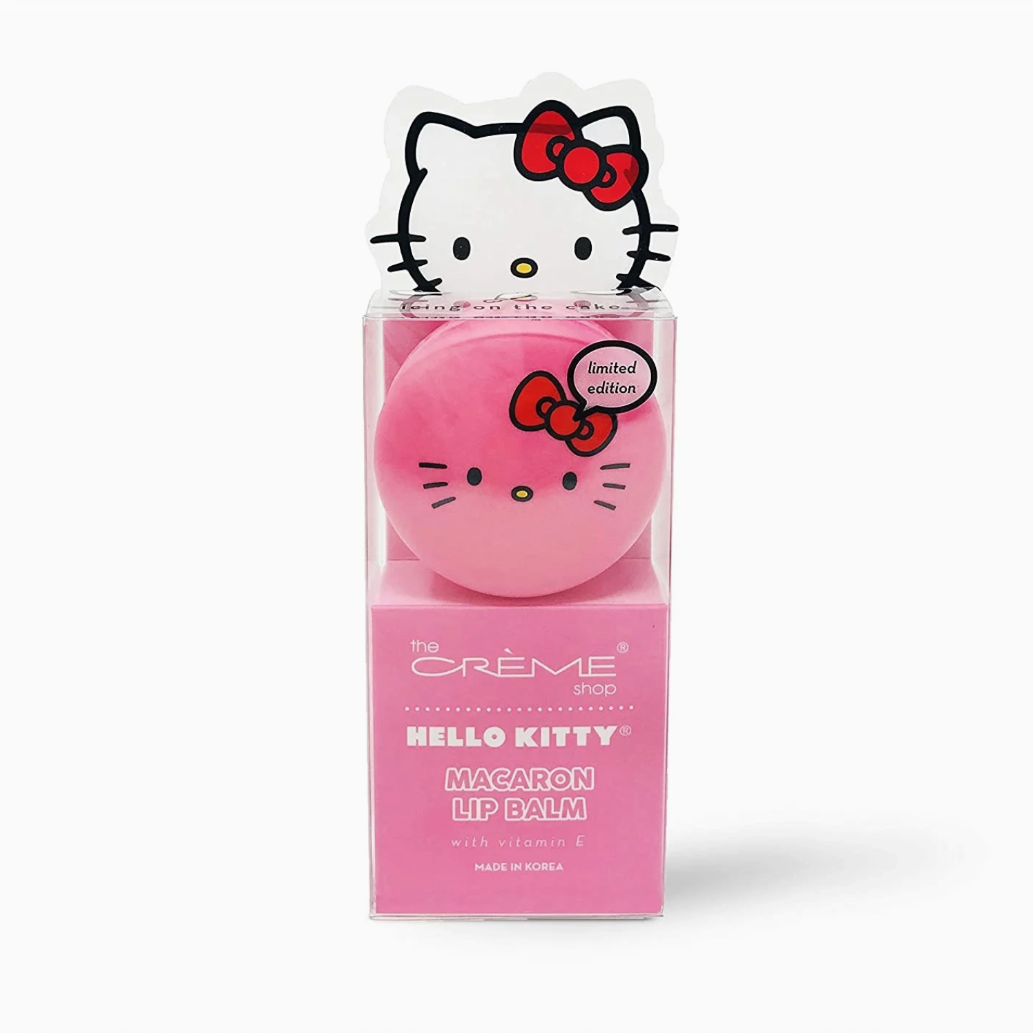 Pink lip balm with Hello Kitty design in a box on a white background