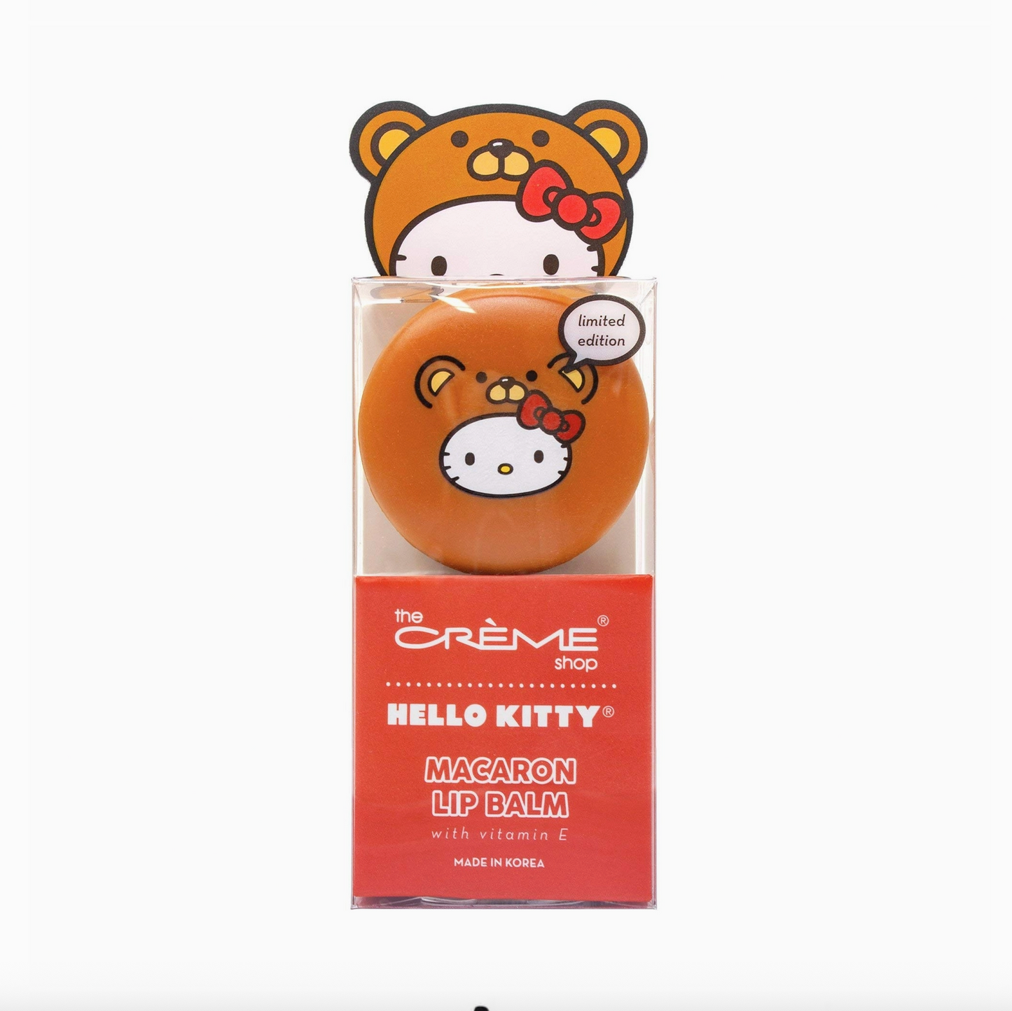 Hello Kitty macaron lip balm packaging with a white background
