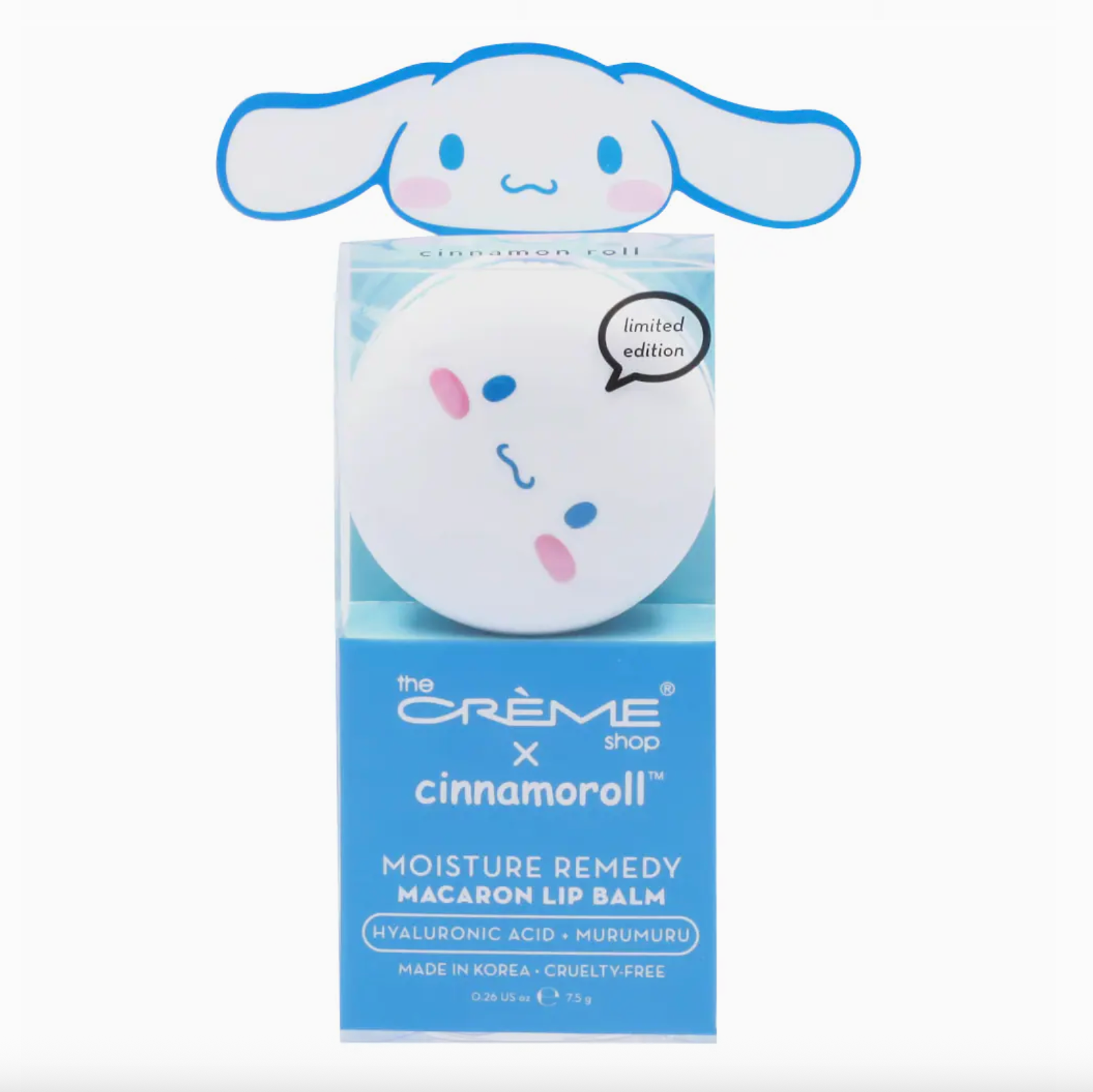 Cinnamon Roll-themed lip balm packaging with blue and white design on a white background