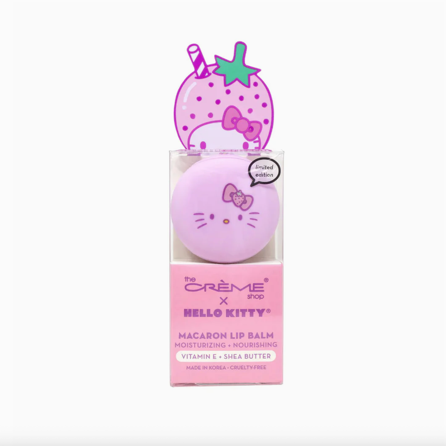 Pink lip balm with Hello Kitty design in packaging on a white background