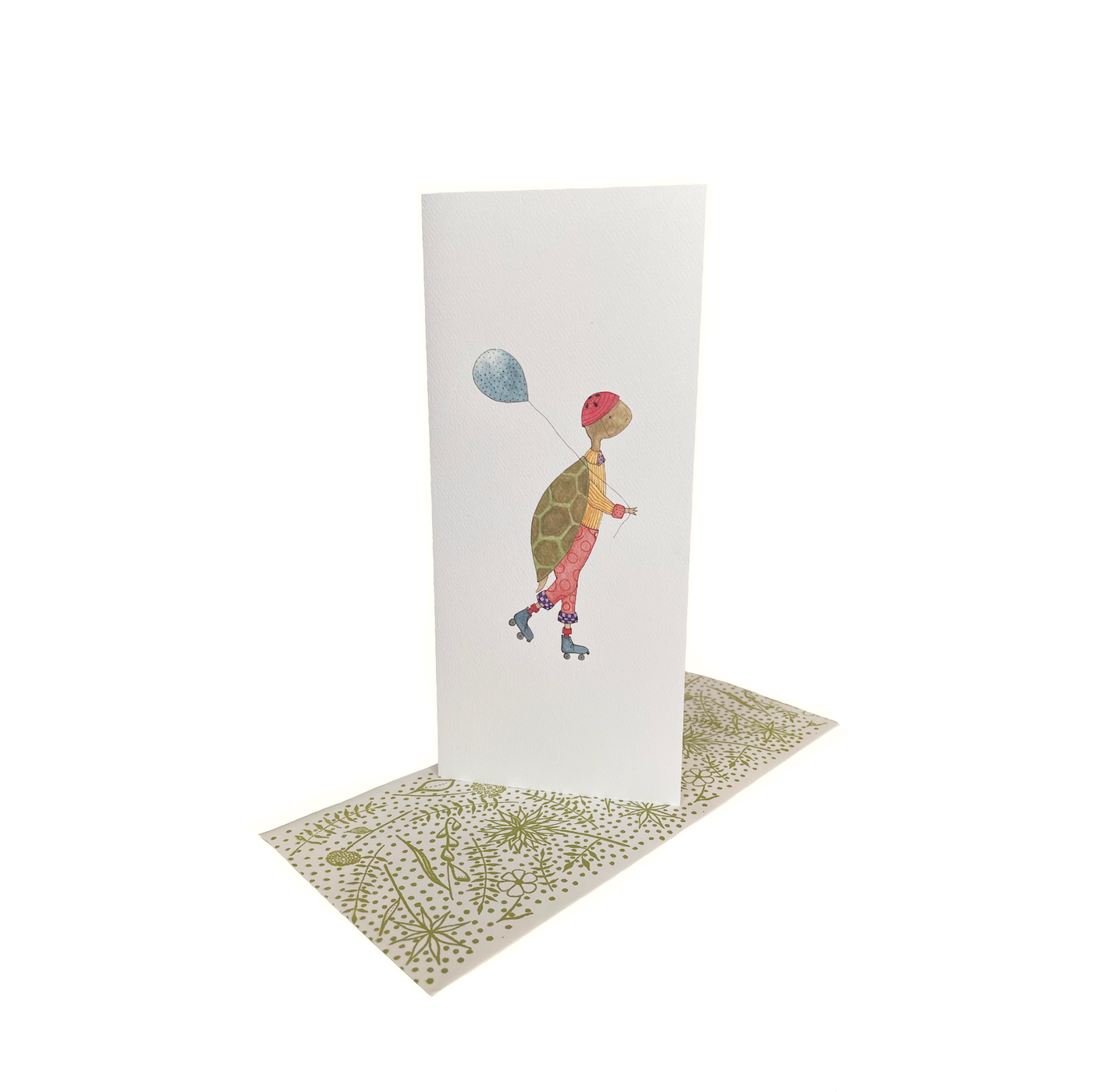 Greeting card with a turtle and child illustration on a white background