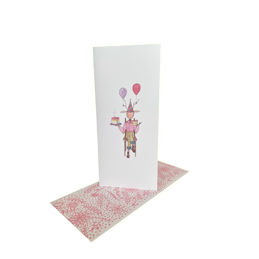 Illustration of a jolly deer with balloons and a cake on a computer screen.