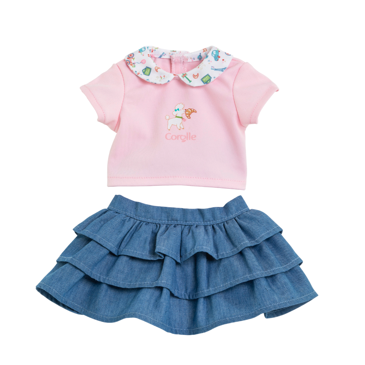 Children's outfit with pink top and blue skirt on a white background