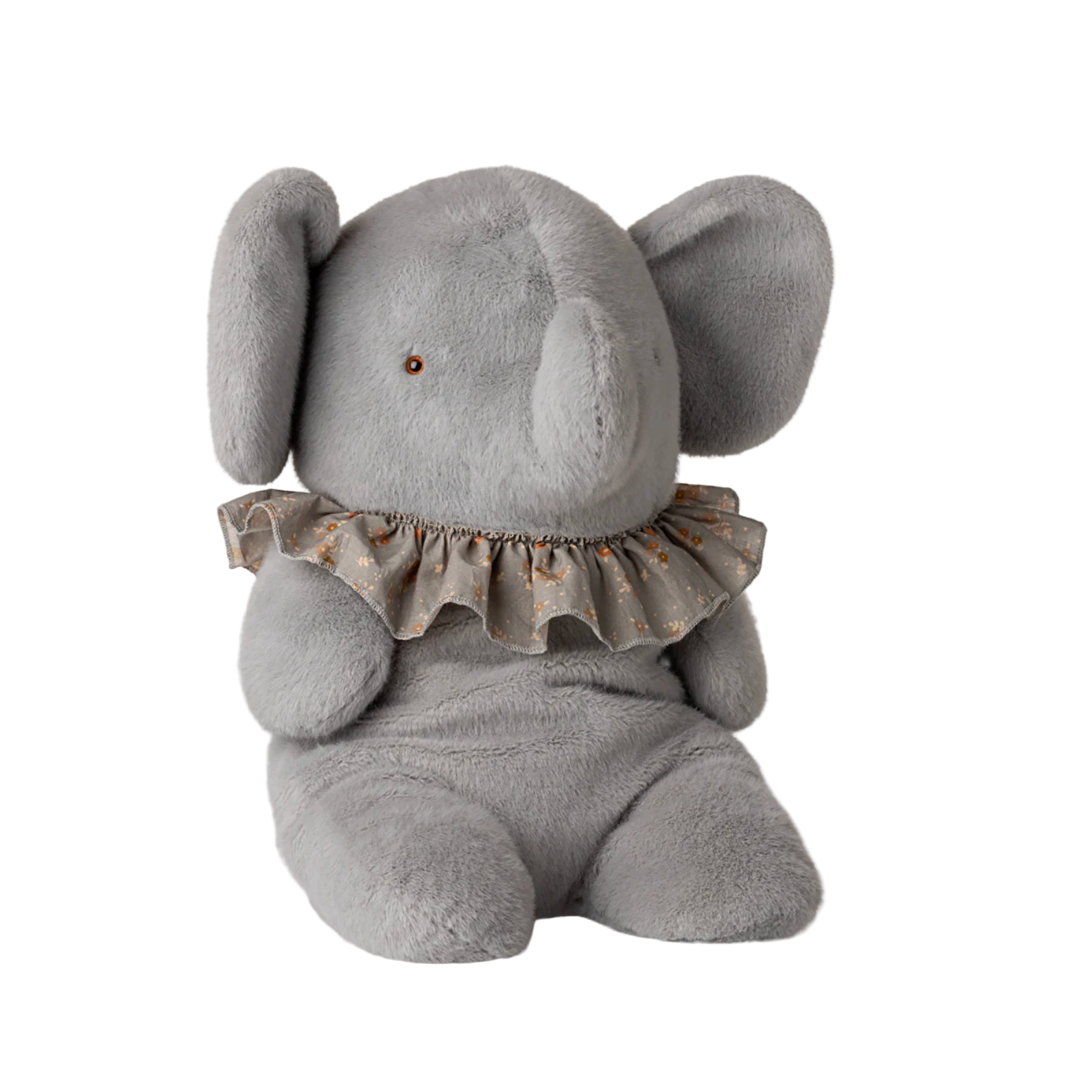 Gray plush elephant toy with a ruffled collar on a white background, featuring the Maileg brand.