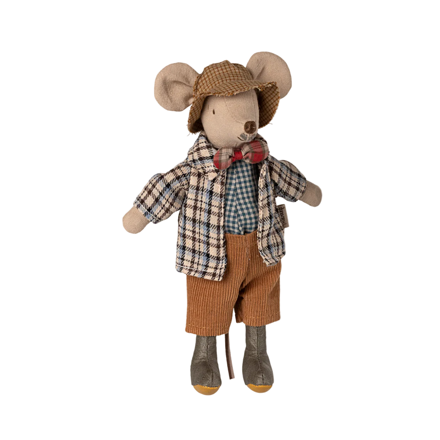 Stuffed toy mouse in a hat, plaid shirt, and brown pants on a white background — Little-ish