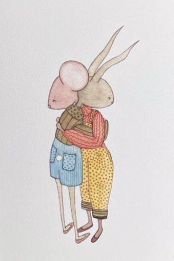 Illustration of two stylized animals, possibly mice, wearing colorful clothing on a white background.