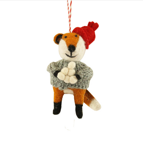 FELTED FOX WITH SNOWBALLS ORNAMENT