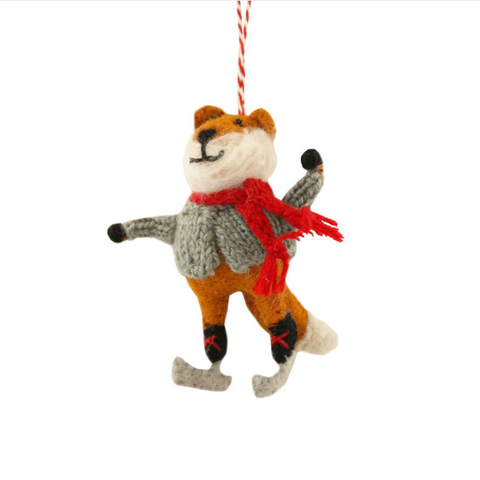 FELTED FOX WITH SKATES ORNAMENT