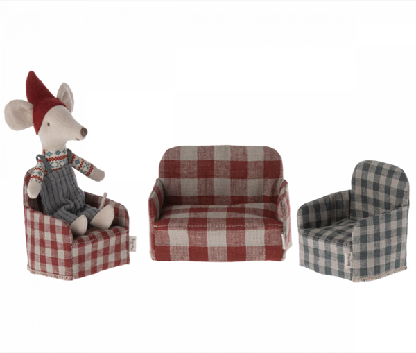 MAILEG MOUSE RED GINGHAM LINEN COUCH