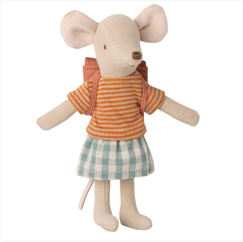 MAILEG TRICYCLE MOUSE, BIG SISTER WITH BAG - OLD ROSE